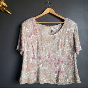 Vintage 80s ADRIANNA PAPELL Silk Embellished Sequins Blouse Top Multicolor 18
